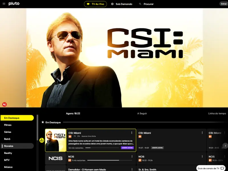 Interface da Pluto TV mostrando catálogo de canais para teste IPTV grátis